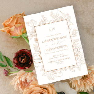 Monogram Elegant Terracotta Blommigt Line Bröllop Inbjudningar