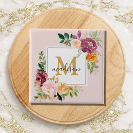 Monogram Elegant Vattenfärg Ros Blommig Botanisk Knapp