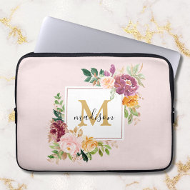 Monogram Elegant Vattenfärg Ros Blommig Botanisk Laptop Fodral