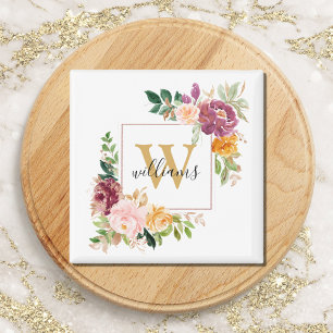 Monogram Elegant Vattenfärg Ros Blommig Botanisk Magnet