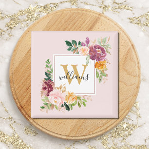 Monogram Elegant Vattenfärg Ros Blommig Botanisk Magnet