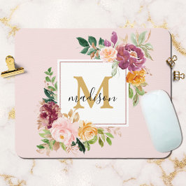 Monogram Elegant Vattenfärg Ros Blommig Botanisk Musmatta