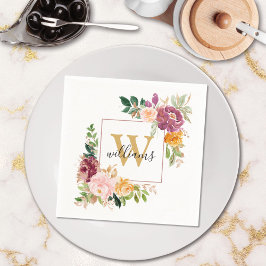 Monogram Elegant Vattenfärg Ros Blommig Botanisk Pappersservett