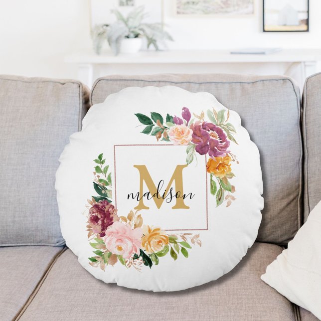 Monogram Elegant Vattenfärg Ros Blommig Botanisk Rund Kudde (In situ)