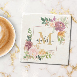 Monogram Elegant Vattenfärg Ros Blommig Botanisk Stenunderlägg