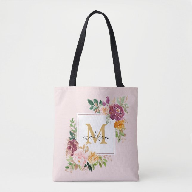 Monogram Elegant Vattenfärg Ros Blommig Botanisk Tygkasse (Framsida)