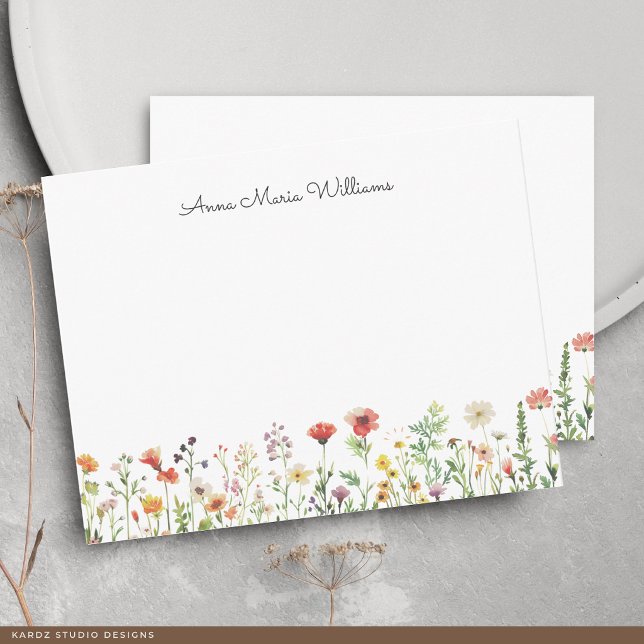 Monogram Elegant Vattenfärg Vildblomma Anteckningskort (The front of the card is shown at a 4.25 x 5.5 inch size. Choose size, paper, + corner style.)