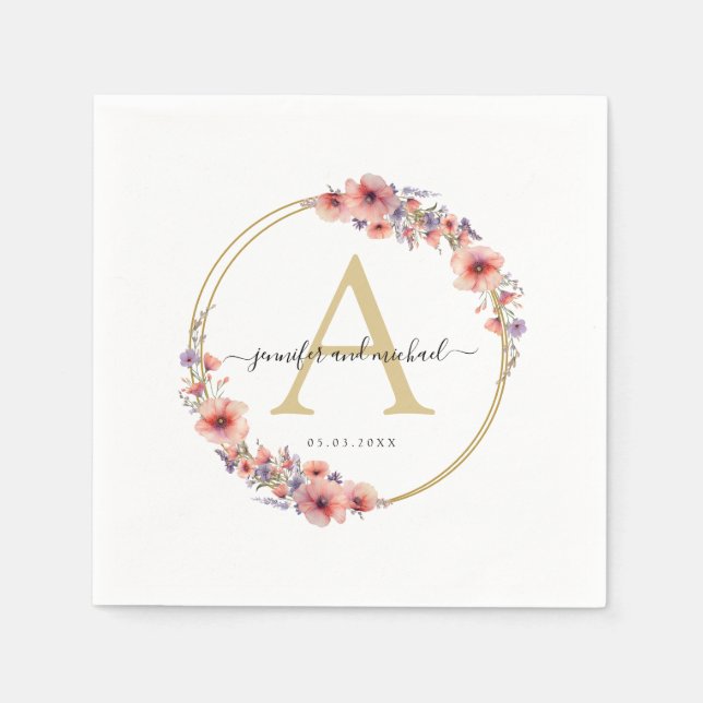 Monogram, elegant, vilda blommor, cirkel bröllop pappersservett (Framsidan)