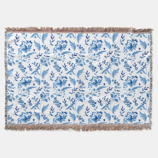 Monogram Elegant Vintage Blå Blommig Mönster Filt (Framsidan)