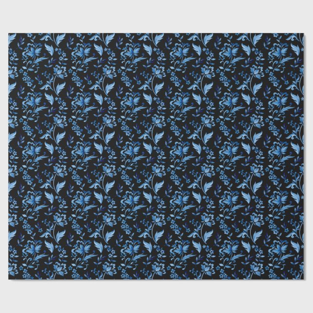 Monogram Elegant Vintage Blå Blommig Mönster Presentpapper (Platt)