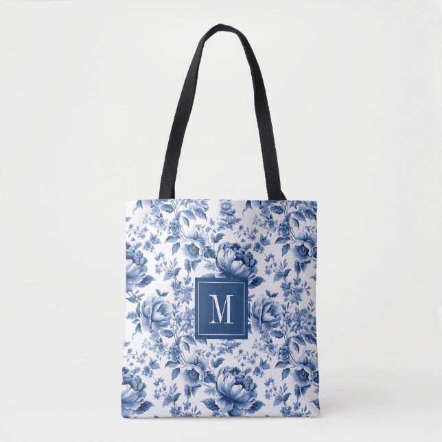 Monogram Elegant Vintage Blue White Blommönster Tygkasse (Framsida)