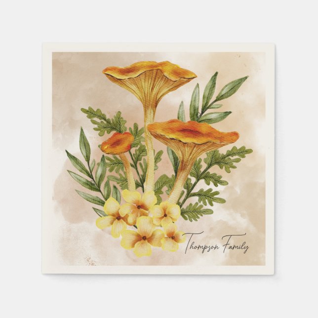 Monogram Elegant vintage svampar Brunt Middag Pappersservett (Framsidan)