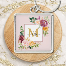 Monogram Elegant Watercolor Ro Blommigt Botanical Fyrkantig Silverfärgad Nyckelring