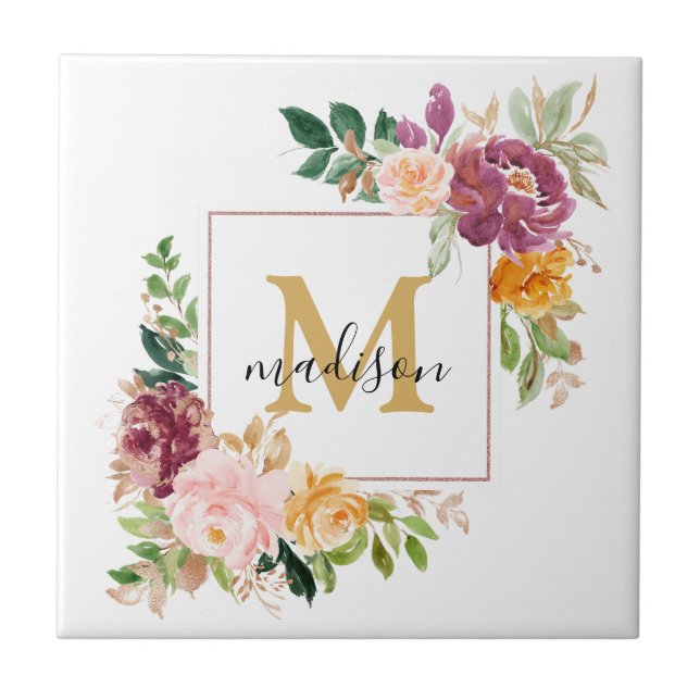 Monogram Elegant Watercolor Ro Blommigt Botanical Kakelplatta (Framsidan)
