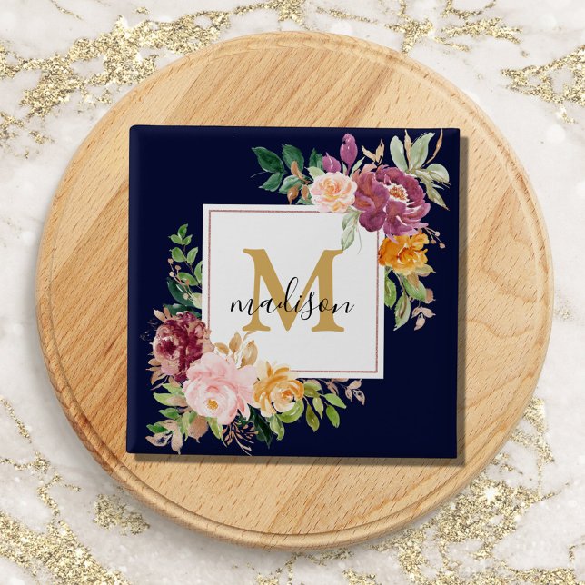 Monogram Elegant Watercolor Ro Blommigt Botanical Knapp (In situ)