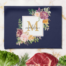 Monogram Elegant Watercolor Ro Blommigt Botanical Kökshandduk