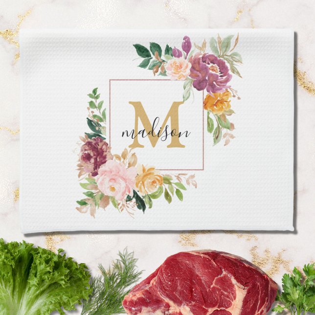Monogram Elegant Watercolor Ro Blommigt Botanical Kökshandduk (In situ)