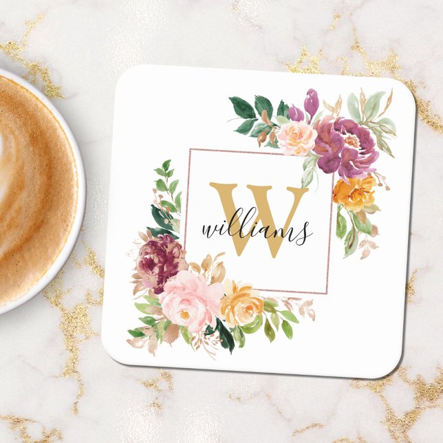 Monogram Elegant Watercolor Ro Blommigt Botanical Underlägg Papper Kvadrat (In situ)