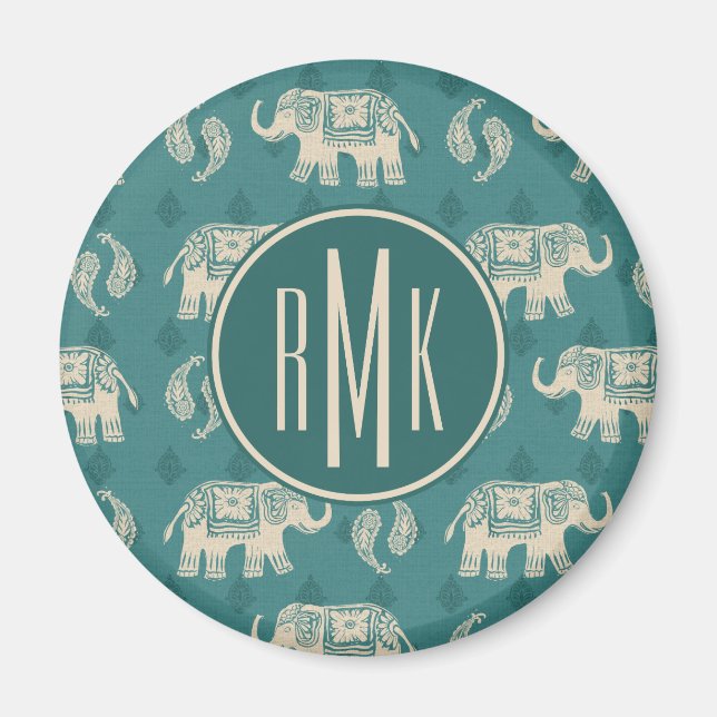 Monogram | Elephant Teal Caravan Mönster Magnet (Framsidan)