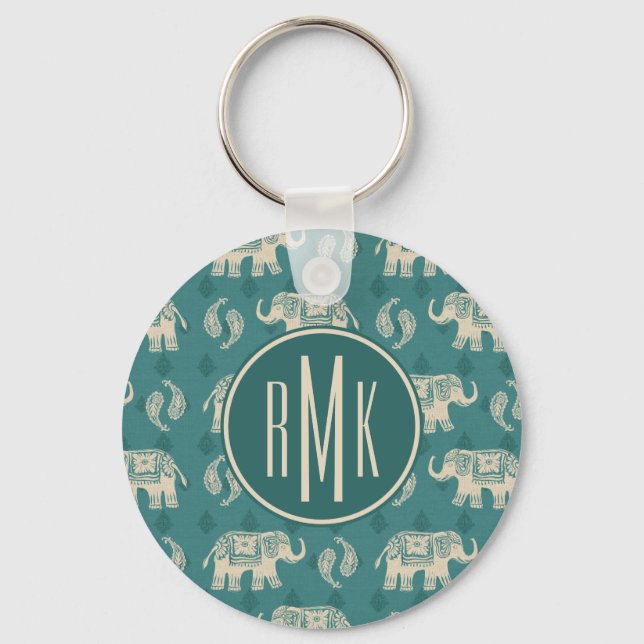 Monogram | Elephant Teal Caravan Mönster Nyckelring (Framsida)