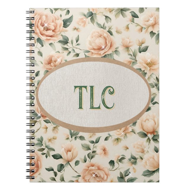 Monogram Elfenben och Persika Peony Akvarell Blomm Anteckningsbok (Framsidan)