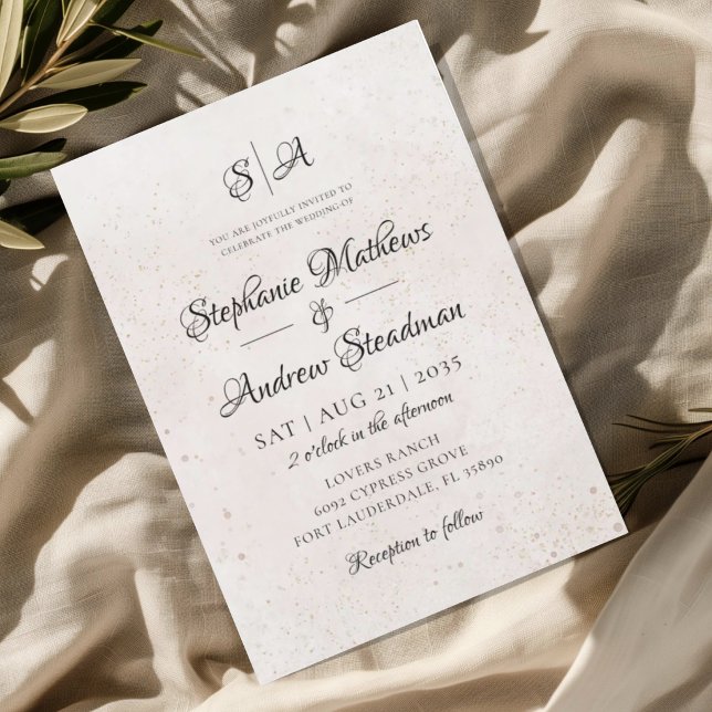 Monogram Elfenbensfärgad Beige Texturerad Bröllops Inbjudningar (Skapare uppladdad)