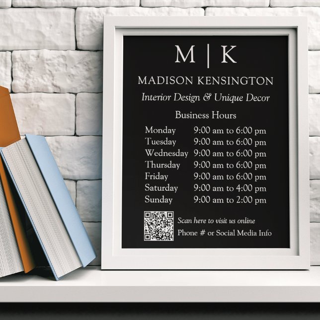 Monogram eller lägg till Logotyp, arbetstid QR Sma Poster (Edit to Customize text, colors and more)