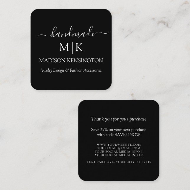 Monogram eller lägg till Logotyp Business Handmade Fyrkantigt Visitkort (Fram/baksida)