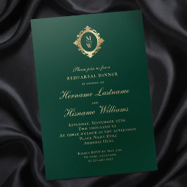 Monogram Emerald Grönt Guld Rehearsal Dinner Inbjudningar
