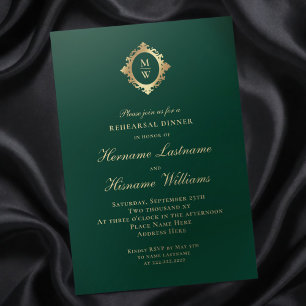 Monogram Emerald Grönt Guld Rehearsal Dinner Inbjudningar