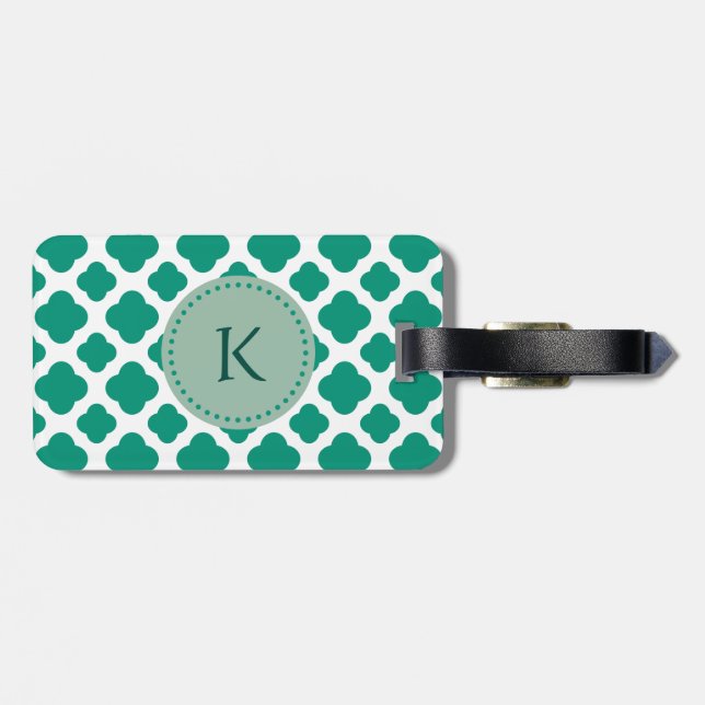 Monogram Emerald Grönt & White Quatrefoil Mönster Bagagebricka (Baksida Vågrät)