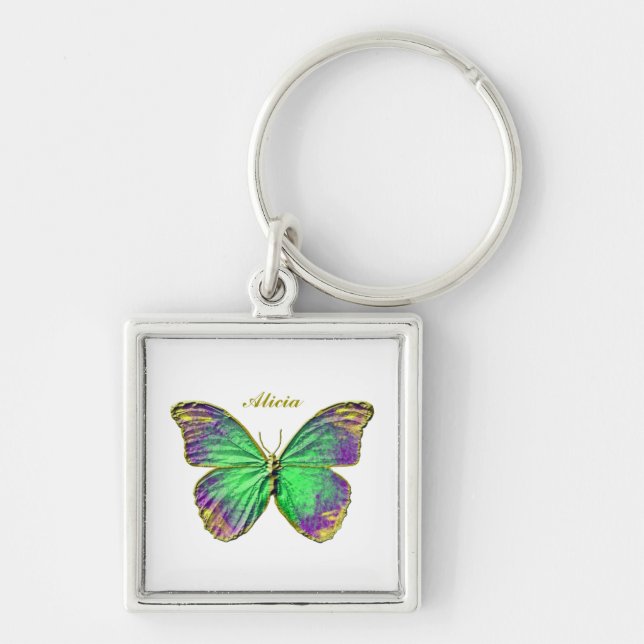 Monogram Emerald Lila Guld Butterfly Keychain Fyrkantig Silverfärgad Nyckelring (Framsidan)