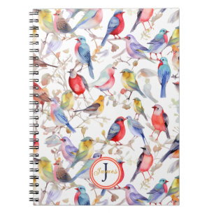 Monogram Enchanting Watercolor Birds Mönster Anteckningsbok