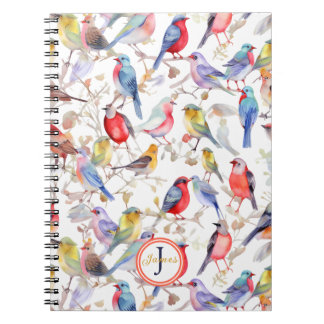 Monogram Enchanting Watercolor Birds Mönster Anteckningsbok