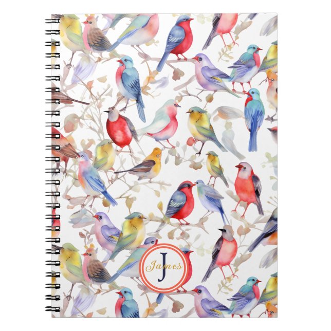 Monogram Enchanting Watercolor Birds Mönster Anteckningsbok (Framsidan)