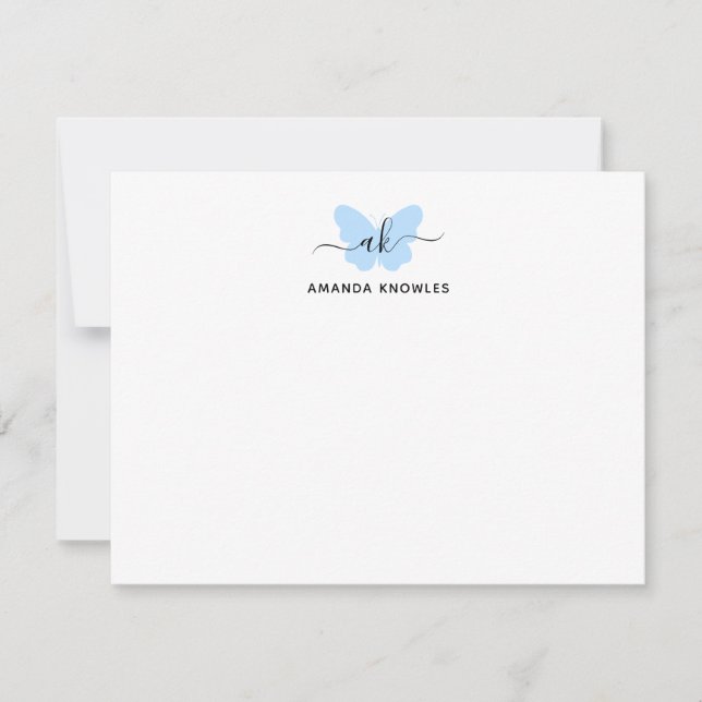 Monogram enkel Blue Butterfly Minimalist Girly Anteckningskort (Framsida)