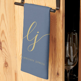 Monogram enkel Elegant Calligraphy Navy Blue Guld Kökshandduk