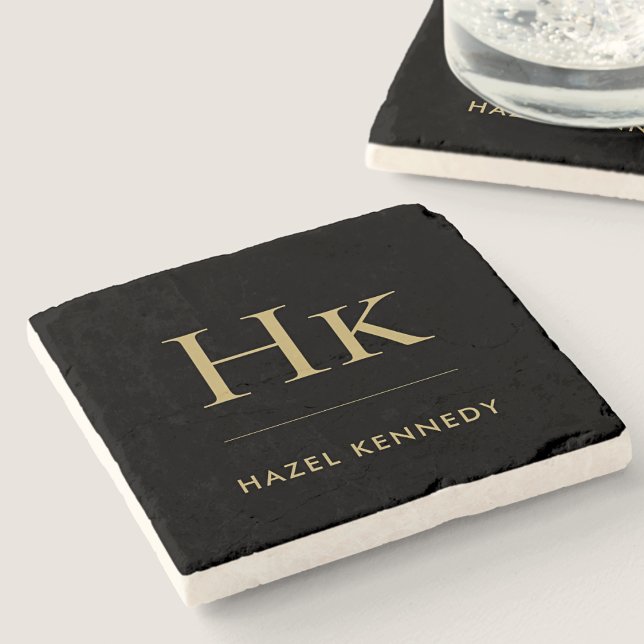 Monogram enkel Elegant minimalistisk svart Guld Stenunderlägg (Skapare uppladdad)