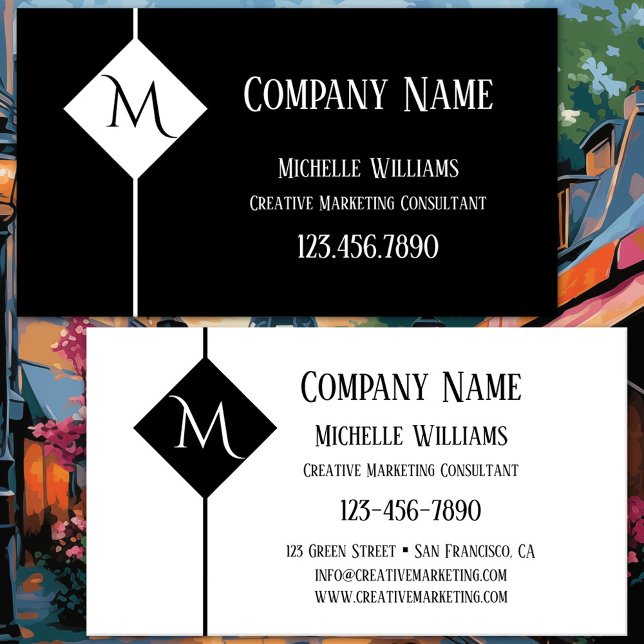 Monogram Enkel Svart och Vit Yrkesmässig Visitkort (Business card featuring a minimalist black and white design with custom shapes - creative marketing)