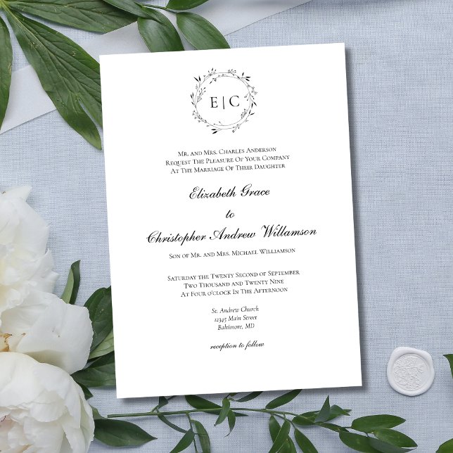 Monogram - enkel traditionell formalitet Elegant b Inbjudningar (Elegant Monogram Laurel Wreath Traditional Formal Classic Black White  Minimalist Wedding Invitation)