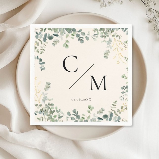 Monogram Eucalyptus Bröllop Pappersservett (Monogram Eucalyptus Wedding Napkinswith your name and date.)