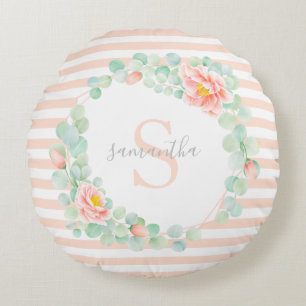 Monogram Eucalyptus Löv Blommigt Peach Rand Rund Kudde