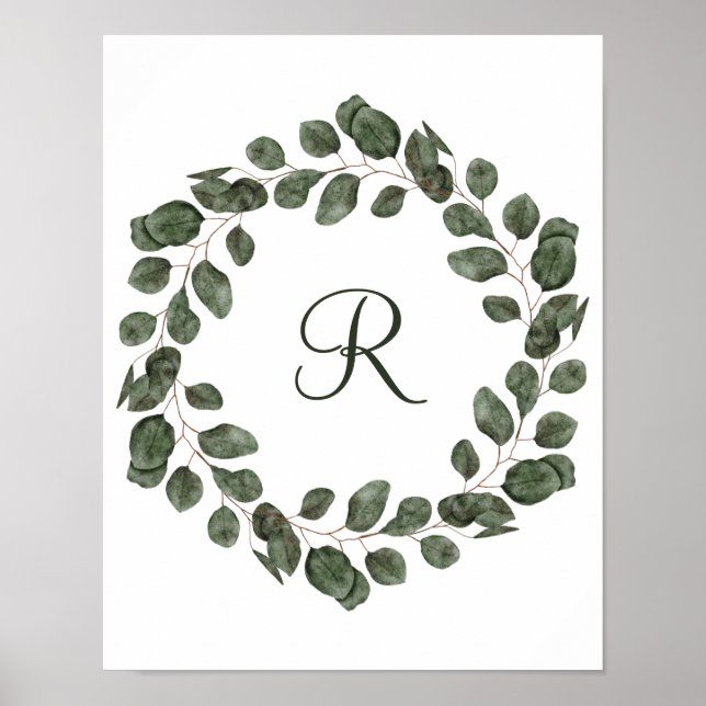 Monogram Eucalyptus Löv Elegant Modern Poster (Framsidan)