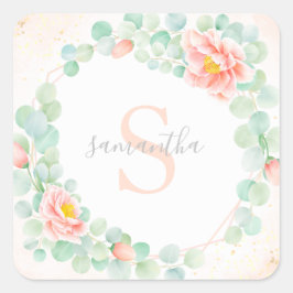 Monogram Eucalyptus Löv Peony Blommigt Peach Sage Fyrkantigt Klistermärke