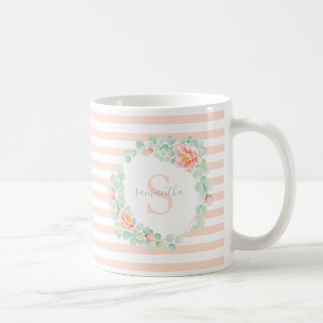 Monogram Eucalyptus Löv Peony Blommigt Peach Sage Kaffemugg (Höger)