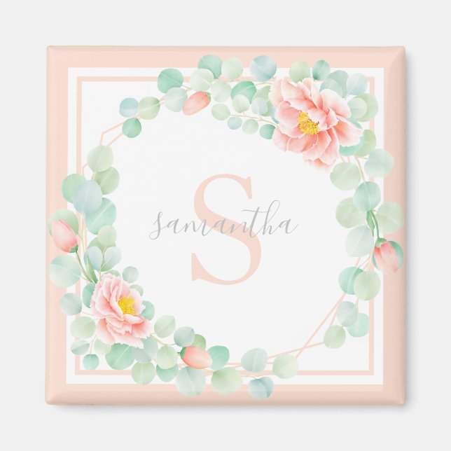 Monogram Eucalyptus Löv Peony Blommigt Peach Sage Magnet (Framsidan)