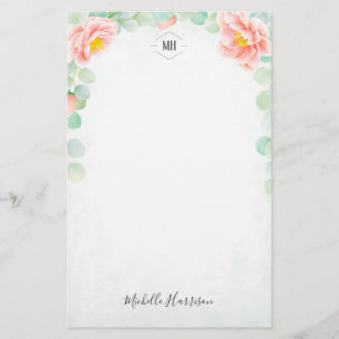 Monogram Eucalyptus Peony Blommigt Watercolor Peac Brevpapper