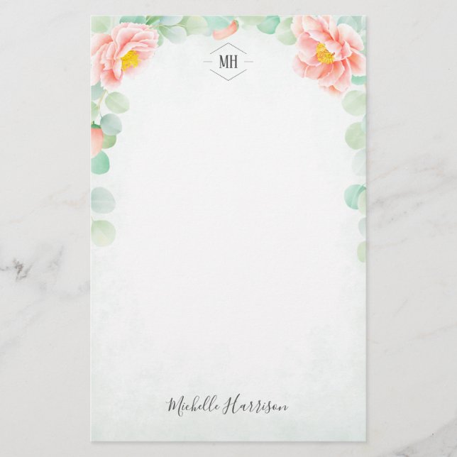 Monogram Eucalyptus Peony Blommigt Watercolor Peac Brevpapper (Framsida)