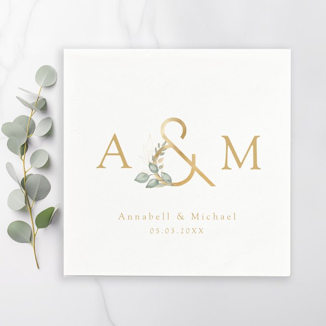 Monogram, eukalyptus Ampersand, White & Guld Pappersservett (Monogram, Eucalyptus Ampersand, White & Gold Wedding Napkins.)
