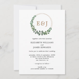Monogram Eukalyptus Minimalist Bröllop alla i ett Inbjudningar